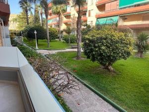 Blick auf einen Park mit einem Baum und einem Gebäude in der Unterkunft Hotel Noy in Almuñécar