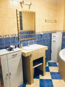 a bathroom with a sink and a mirror at apartmán MONYA in Turčianske Teplice +23 photos