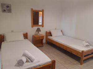two twin beds in a room with a mirror at Skiathos Maria Apartments in Skiathos Town