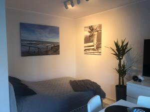 a bedroom with a bed and pictures on the wall at Apartament Luxor in Niechorze