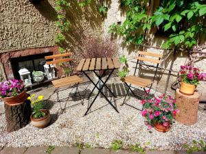 a patio with two benches and potted plants and flowers at Chalupa pod stromy in Kovářská