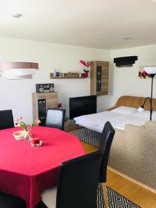 Cette chambre comprend une table rouge et un lit. dans l'établissement apartmán MONYA, à Turčianske Teplice