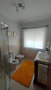 a bathroom with a toilet and a sink and a shower at Casa do Artesanato in Vila Nova de Cerveira +48 photos