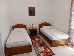 een slaapkamer met 2 bedden en een tapijt bij Kedrodasos House in Elafonisi