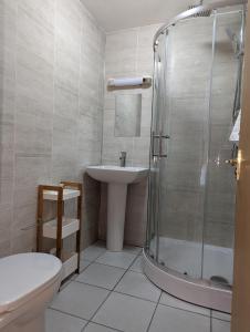 a bathroom with a shower and a sink and a toilet at Cottage Court Hotel in Tenby +56 photos