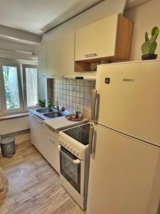 a kitchen with a white refrigerator and a sink at 1-bedroom apartment with 3 beds + private parking in Tivat