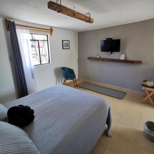una camera con letto, finestra e sedia di Finca del Pomar ad Acatlán