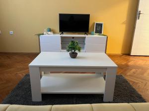 - une table basse blanche dans le salon avec une télévision dans l'établissement Apartman Mijailović 3, à Sokobanja