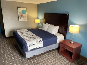 pokój hotelowy z łóżkiem i stolikiem nocnym z łóżkiem o wymiarach 6 x 6 x 6 x w obiekcie American Inn Cedar Rapids South w mieście Cedar Rapids