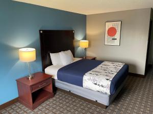 Habitación de hotel con cama y mesita de noche con 2 lámparas en American Inn Cedar Rapids South, en Cedar Rapids