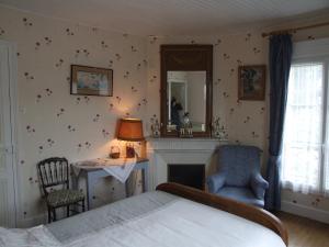 1 dormitorio con cama, chimenea y espejo en Les Gouleries, en Dangy