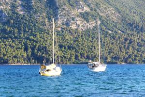 two boats floating on a large body of water at Asteri Apartments Mytikas 2-Bedroom Seaview Courtyard in Mitika