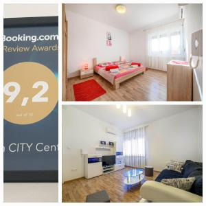 a collage of three photos of a bedroom and a living room at Urban City Center in Šibenik