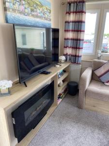a living room with a flat screen tv and a fireplace at 32 Elm Walk in Whitley Bay