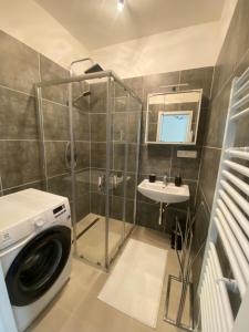 - un lave-linge dans la salle de bains pourvue d'un lavabo dans l'établissement Designed apartment next to Vaclav square with terrace and private garage, à Prague