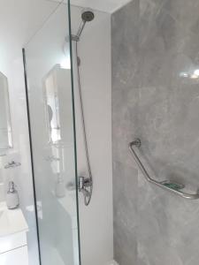 une salle de bain avec une douche avec une porte vitrée dans l'établissement 4 Ventanales sobre la Avenida Corrientes, à Buenos Aires