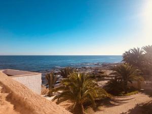 a view of a beach with palm trees and the ocean at Villa Mangata in Cuevas del Almanzora