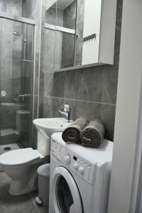 a bathroom with a washing machine and a toilet at VyJo Home Kunigiškės Mano jūra 2 in Palanga