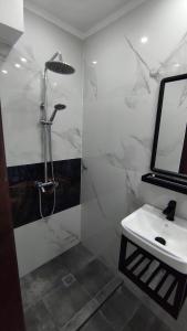 a bathroom with a sink and a shower and a mirror at Villa Miranda in Nikiti
