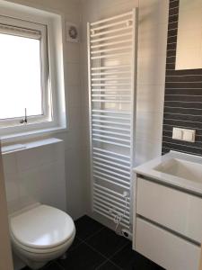 bagno bianco con servizi igienici e lavandino di Ferienhaus Auszeit an der Mosel in Koblenz a Coblenza