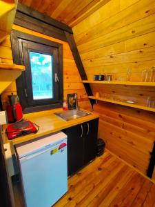 a kitchen with a refrigerator and a sink in a cabin at Patara Bungalov Houses 1 in Kas