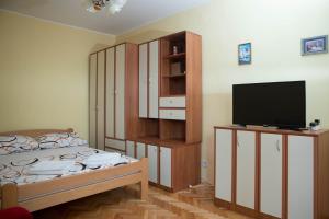 een slaapkamer met een bed en een tv op een kast bij Savina in Herceg-Novi