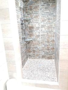 a bathroom with a shower with a stone wall at Corfu Escape Five ( Leonidas Studios) in Agios Georgios Pagon