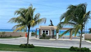 a house with two palm trees in front of the ocean at Scenic Ocean View Home in Lucea