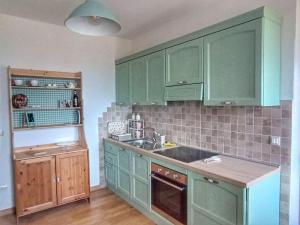 a kitchen with green cabinets and a sink at Casa nella Natura Il Risveglio degli Elfi in Pedavena