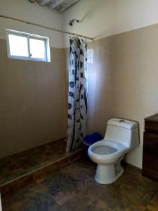 łazienka z białą toaletą i oknem w obiekcie Finca Campestre Rancho Alegre w mieście Fusagasugá