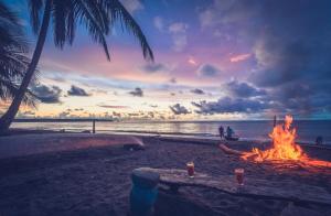 - un feu de camp sur la plage avec un coucher de soleil en arrière-plan dans l'établissement Posada Nativa Brisa y Mar, à Nuquí