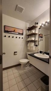 a bathroom with a sink and a toilet and a mirror at Mountain View Inn in Canmore +35 photos