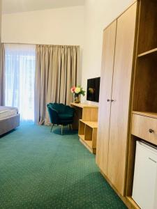 舒加格鄉的住宿－PENSIUNEA SUGAG，客房设有带一张床和电视的卧室。