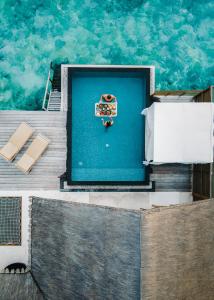 an overhead view of a swimming pool with a blue door at Furaveri Maldives in Raa Atoll