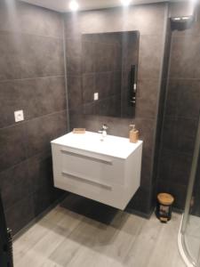uma casa de banho com um lavatório branco e um espelho. em Superbe appartement neuf T3 6pers 45m2 em Font Romeu Odeillo Via