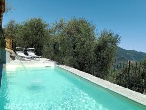 a swimming pool with two chairs and a fence at Villa Desideri Agriturismo Dinoabbo in Lucinasco