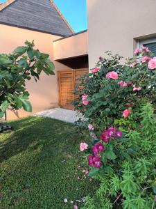 un arbusto de rosas rosas frente a una casa en Chasseport, en Saint-Saturnin