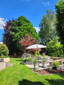 - un jardin avec une table de pique-nique et un parasol dans l'établissement Ferienwohnung Karin Vogel, à Hilchenbach