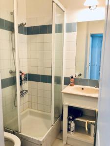 a bathroom with a shower and a sink and a toilet at Bel appartement cosy en résidence avec piscine in Deauville