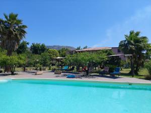 a large swimming pool in a yard with palm trees at Villa Piersepp B&B in Trappitello