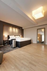 a hotel room with a large bed and a large mirror at Hotel Hiemann - Superior in Leipzig