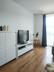 En TV eller et underholdningssystem på Uroczy Apartament Pod Skarpą