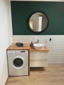 a bathroom with a washing machine and a sink at Klein Westerland OG in Brodersby