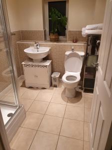 a bathroom with a toilet and a sink at Beautiful ensuite room in Wellingborough