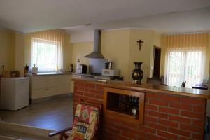 a kitchen with a brick fireplace in a room at Apartman Carsko in Rijeka