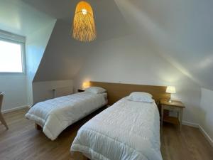 ein Schlafzimmer mit zwei Betten und einem Kronleuchter in der Unterkunft Maison 3* avec Terrasse, Confort Moderne, Proche Plages et Randonnées - FR-1-542-53 in Trégastel