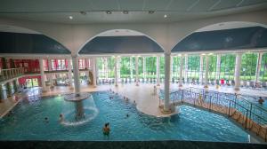 an indoor swimming pool in a building with people in it at Apartmán U Pramene in Františkovy Lázně +8 photos