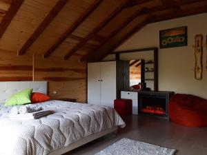 1 dormitorio con 1 cama y chimenea en ВИЛА Belle Vie, en Beli Iskar