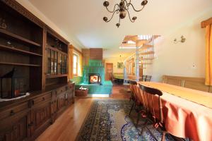 salon z piecem opalanym drewnem w pokoju w obiekcie Zadnjica Holiday House w mieście Socza
