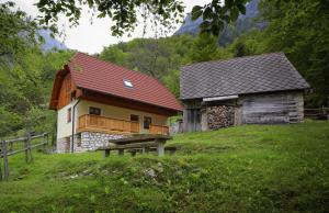 a house with a red roof sitting on a hill at Zadnjica Holiday House in Soča